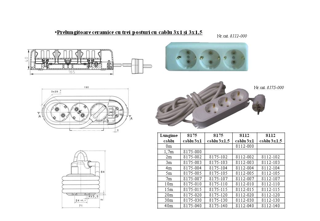 Prelungitoare ceramice cu trei posturi cu cablu 3x1 ?i 3x1.5